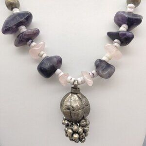 Native American Amethyst Rose Quartz Shell Heishi Bench Beaded 34" Necklace VTG
